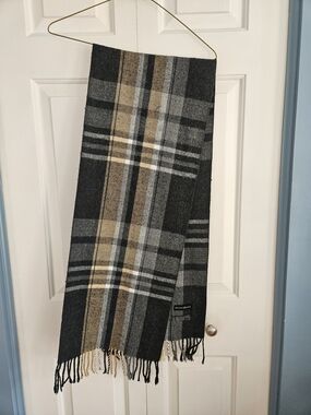 Men's Plaid Fringe Scarf in Black, Gray & Tan